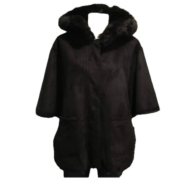 Lauren Ralph Lauren Jackets & Blazers - Lauren Ralph Lauren Zip Front Black Faux Fur Shearling Hooded Poncho Jacket XS/S